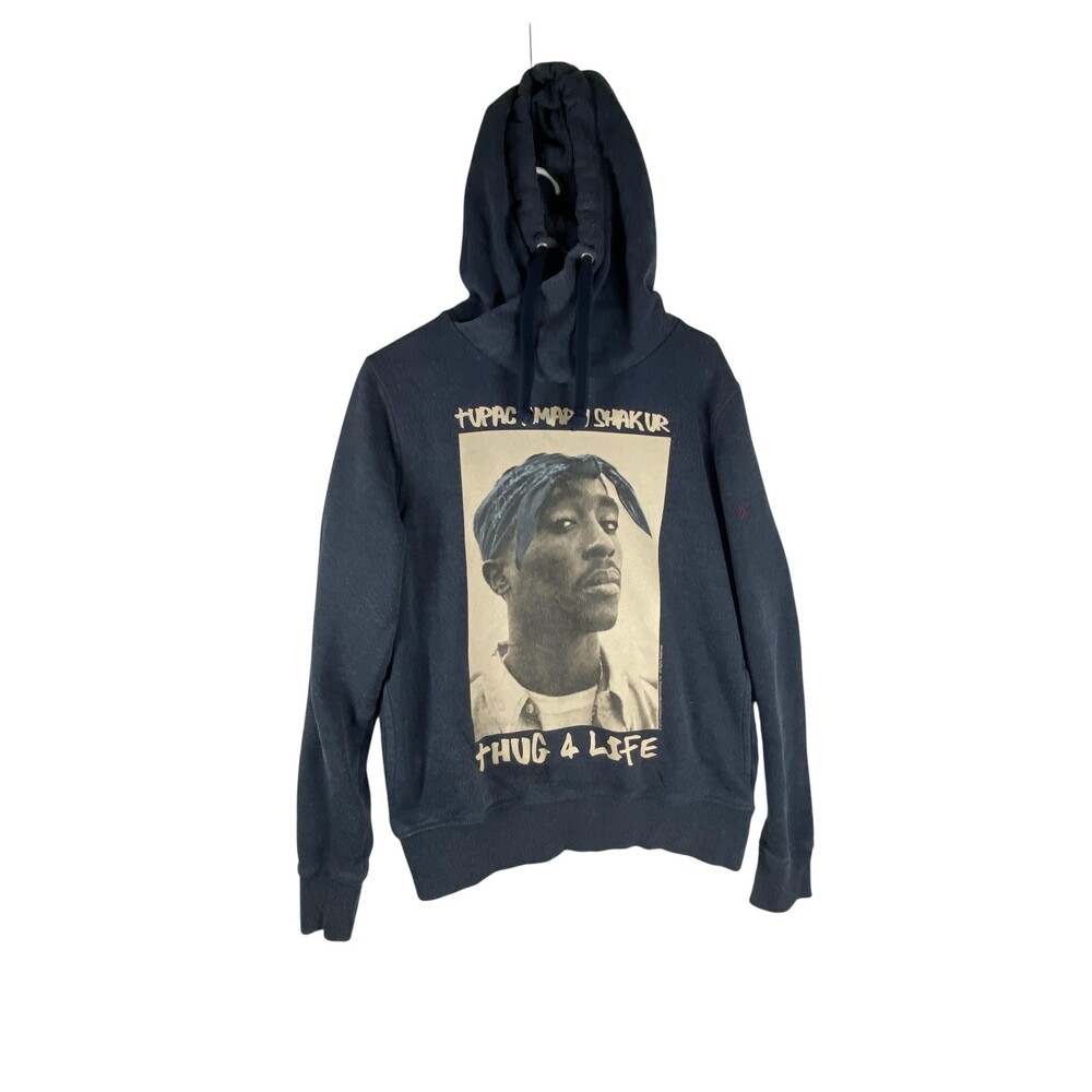 Tupac Shakur H&M Hoodie Mens Medium Blue Thug 4 Life Pullover Fleece Graphic